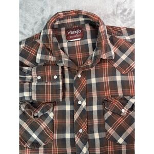 Wrangler‎ Western Shirt Mens XL Brown Plaid Pearl Snap Pockets Flannel Cowboy